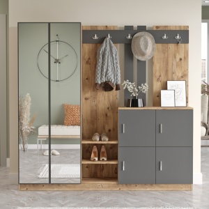 Set modern pentru hol cu polite si oglinzi Porthos, 180x35x187, pin - antracit