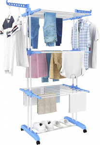 Uscator de rufe cu 3 nivele, pliabil cu suport de umerase, Asos Home, albastru