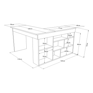 Birou de colt cu rafturi, Aramis, 115x120x42 cm, pin - alb