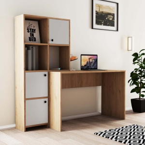 Birou lucru cu rafturi stanga, dimensiuni 120x75x51,5 cm, alb cu stejar
