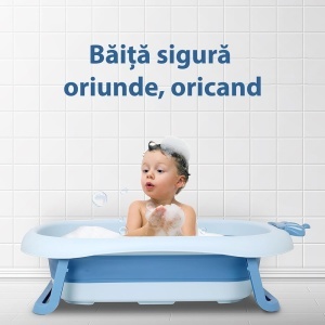 Cadita de baie pliabila pentru bebe cu sezut antiderapant, bleu cu alb