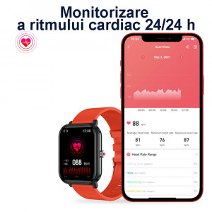 Ceas inteligent smartwatch, ritm cardiac, tensiune arteriala, oxigen sange, GPS, Efour Tech Q9Pro, rosu