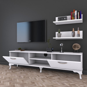  Comoda TV clasic, cu 2 rafturi suspendate, alb, Mina