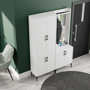 Dulap multifunctional cu cuier, polita si oglinda dreapta, 140x35x195 cm, alb