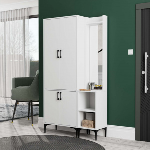 Dulap multifunctional cu cuier si oglinda stanga, 105x35x195 cm, alb