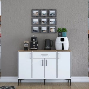 Duap multifunctional cu sertar, alb cu blat nuc, din PAL, Jerra