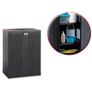 Dulap multifunctional pentru depozitare, aspect ratan, 3 rafturi si 2 usi, 65x45x88 cm, maro inchis