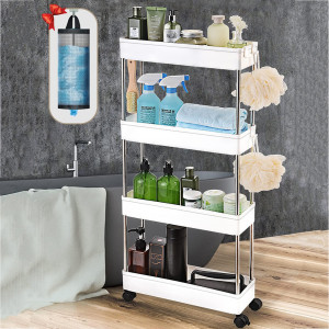 Organizator pe roti pentru baie cu 4 rafturi, Asos, alb