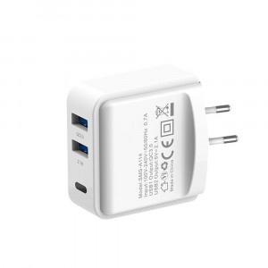 Incarcator retea cu 3 porturi SMS-A114, Quick Charge 3.0 si iesire de 5v 2.1A, plus cablu Lightning alb
