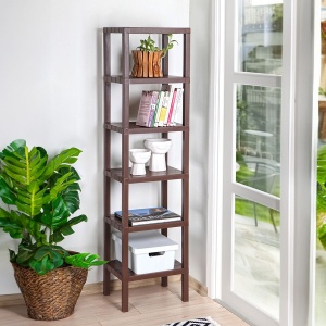 Raft organizator universal cu 6 etajere din plastic, maro, aspect lemn