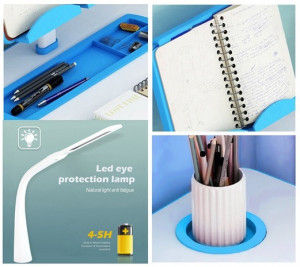 Set birou cu scaunel pentru copii, cu lampa LED, inaltime reglabila, Jolly Kids™ KT0043 (albastru)