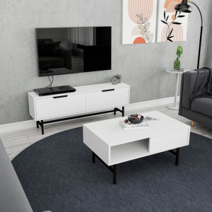 Set comoda TV si masuta de cafea, 138x29.5x50 cm, 90x54x39.6 cm, alb cu negru