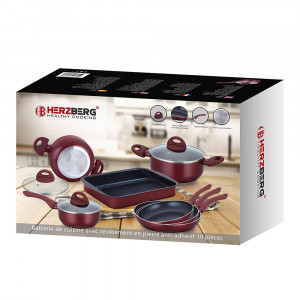 Set de bucatarie pentru gatit, 10 piese, aluminiu si marmura, Burgundy Herzberg