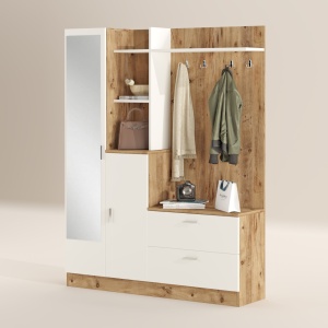 Set modern pentru hol cu polite si oglinda, 140x35x182, pin cu alb