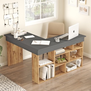 Birou de colt cu rafturi, Aramis, 115x120x42 cm, pin - antracit