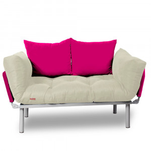 Canapea extensibila 2 locuri cadru inox, crem, perne roz incluse
