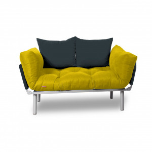 Canapea extensibila 2 locuri cadru inox, galben, perne albastre incluse