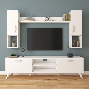 Comoda TV cu rafturi suspendate, Nevada C27A, alba, 180x35x48,6 cm