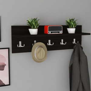 Cuier hol modern negru cu 5 agatatori si polita, 70 x 20 cm
