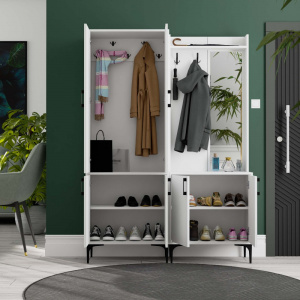 Dulap multifunctional cu cuier, polita si oglinda dreapta, 140x35x195 cm, alb
