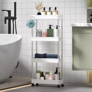 Organizator pe roti pentru baie cu 4 rafturi, Asos, alb