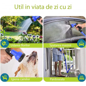 Furtun extensibil pentru gradina 10 - 30 metri, cap de udat cu pulverizator reglabil, albastru
