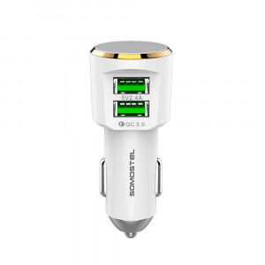 Incarcator auto cu 2 porturi, Model SMS-A65, Quick Charge 3.0 plus cablu Lightning, alb