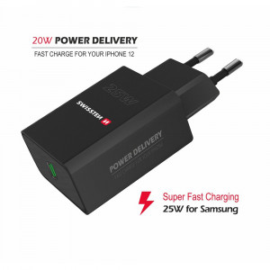 Incarcator retea priza PD iPhone si Samsung, 25W, Swissten, negru