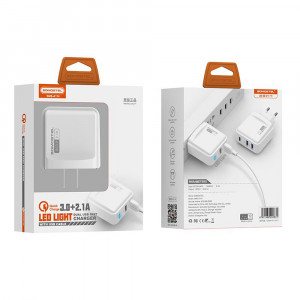 Incarcator retea cu 3 porturi SMS-A114, Quick Charge 3.0 si iesire de 5v 2.1A, plus cablu Lightning alb
