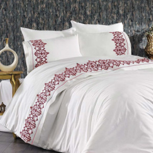 Lenjerie de pat Exclusive Broderie Lux, Milano, model broderie bordo, 6 piese