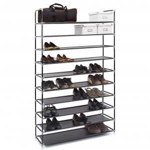 Pantofar etajera cu 10 rafturi din otel galvanizat si textil, 95x28x175 cm, Asos, negru