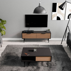 Set comoda TV si masuta de cafea, 138x29.5x50 cm, 90x54x39.6 cm, stejar cu nuc
