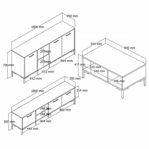 Set comoda TV, comoda sufragerie si masuta de cafea, 180x35x52 cm, 180x45x80 cm, 90x54x40.6 cm, alb cu stejar
