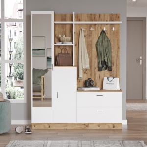 Set modern pentru hol cu polite si oglinda, 140x35x182, pin cu alb