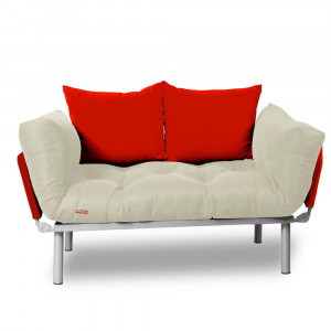 Canapea extensibila 2 locuri cadru inox, crem, perne rosii incluse