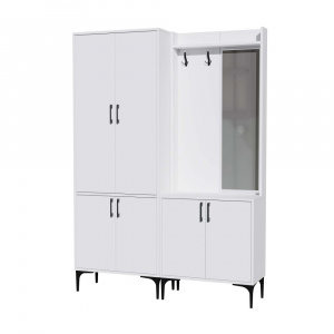 Dulap multifunctional cu cuier, polita si oglinda dreapta, 140x35x195 cm, alb