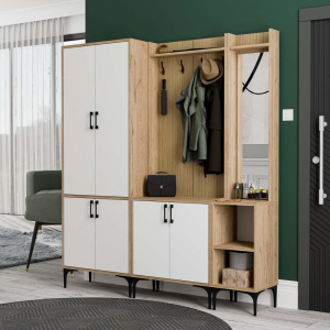 Dulap multifunctional cu cuier,polita si oglinda dreapta, 175x35x195, alb cu stejar
