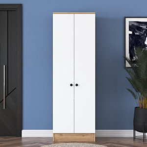 Dulap multifunctional pentru depozitare  cu 2 usi pentru dormitor, hol sau birou, Aris P6M13, alb cu nuc