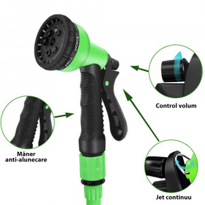 Furtun Extensibil Verde 45 metri, Pistol cu 7 pozitii de udare si accesorii pentru udat incluse
