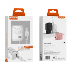 Incarcator retea SMS-A33, Quick Charge3.0, Putere 18W, plus cablu Lightning, roz