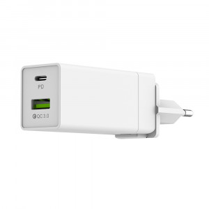 Incarcator retea cu 2 porturi SMS-A80, Quick Charge3.0 plus cablu Lightning, alb