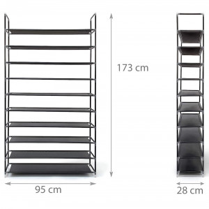 Pantofar etajera cu 10 rafturi din otel galvanizat si textil, 95x28x175 cm, Asos, negru