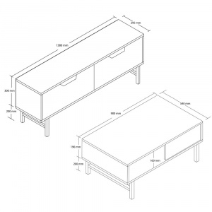 Set comoda TV si masuta de cafea, 138x29.5x50 cm, 90x54x39.6 cm, alb cu negru