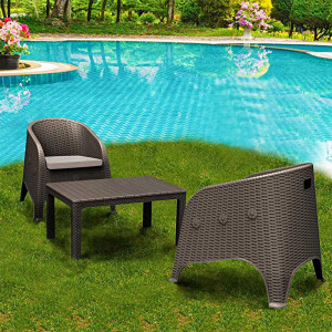 Set mobilier gradina/terasa din ratan, Olivia, 2 fotolii cu perne + 1 masa, maro inchis