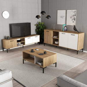 Set comoda TV, comoda sufragerie si masuta de cafea, 180x35x52 cm, 180x45x80 cm, 90x54x40.6 cm, alb cu stejar