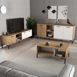Set mobilier sufragerie trei piese, Alicante, alb cu stejar