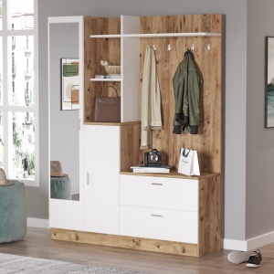 Set modern pentru hol cu polite si oglinda, 140x35x182, pin cu alb