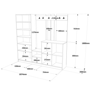 Cuier modern pentru hol cu polite si oglinzi, 180x35x187, pin cu antracit