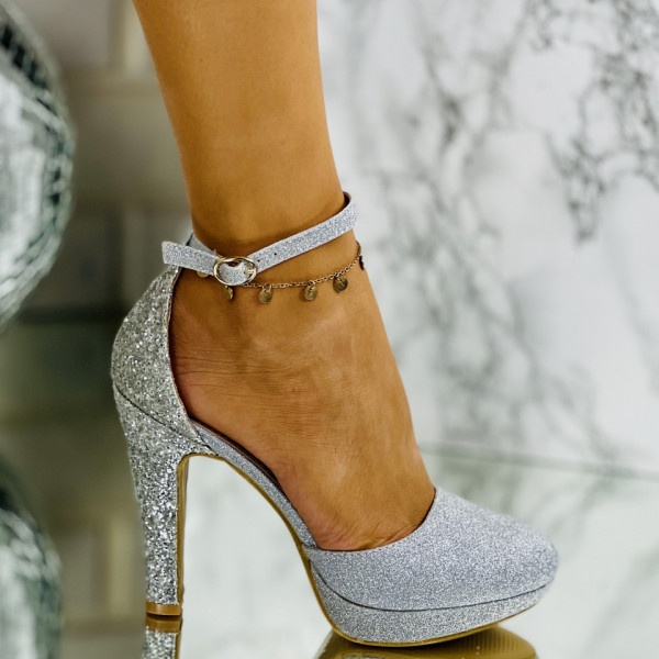 Pantofi cu Toc Argintii din Glitter Serene