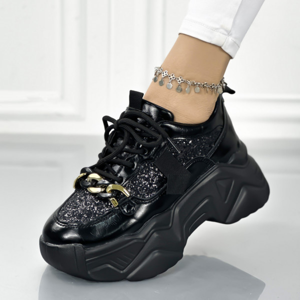 Pantofi Sport Dama cu Platforma Negri din Piele Ecologica Medy